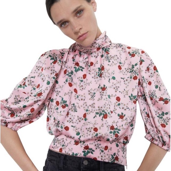 Zara Tops - ZARA High Neck Top with Puff Sleeves in Pale Pink and Floral Print XS
